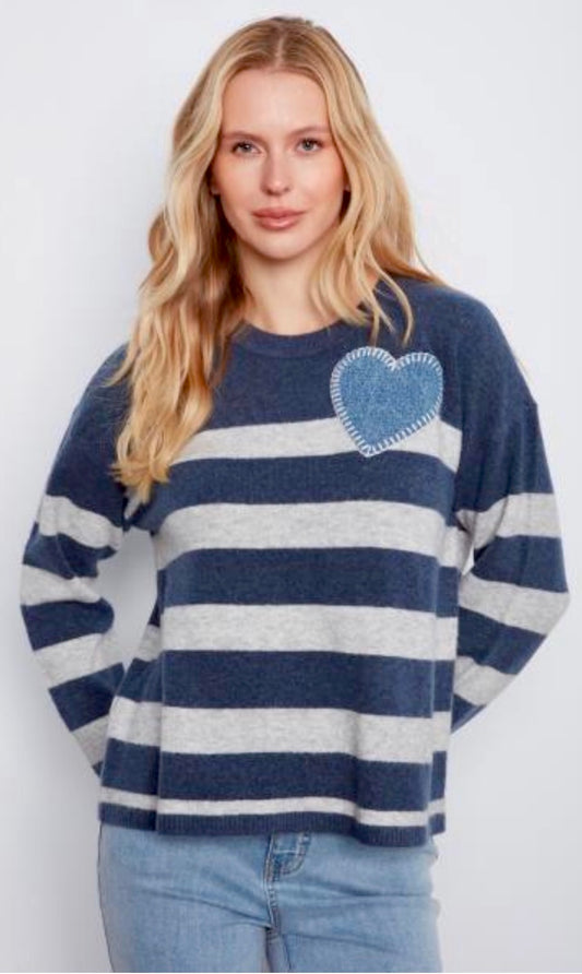 Charlie B grey soft knit sweater with blue stripes and heart, XS through XXL