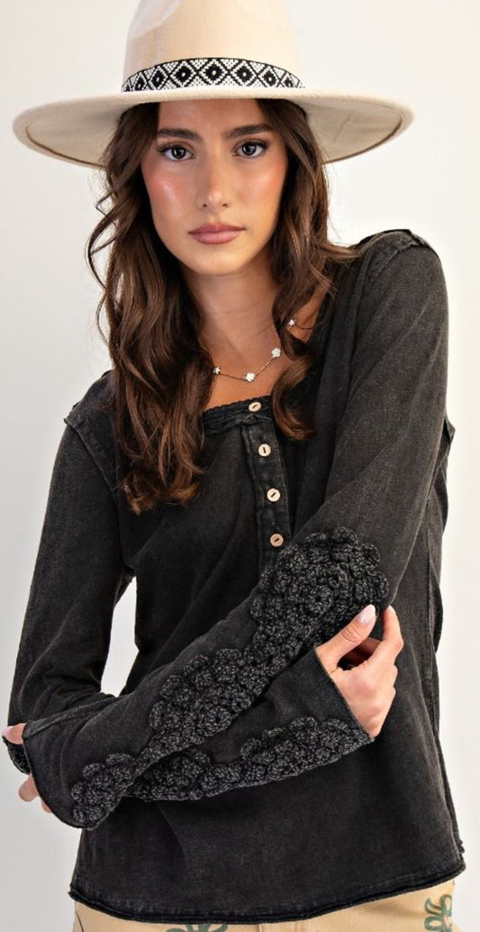 Black henley with crochet sleeves