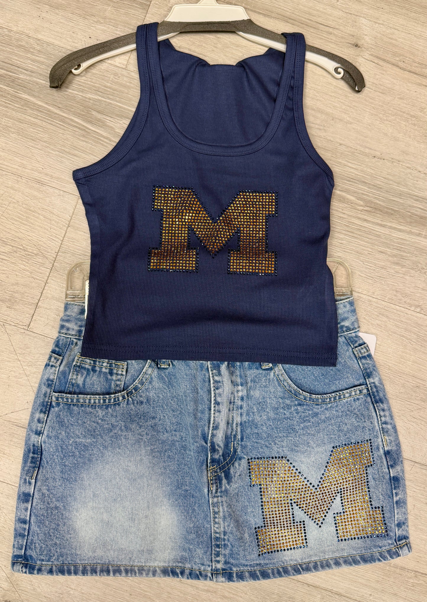 Custom low waist denim skirts with bling! Looks great paired with our bling tank tops! (ALL schools are available to order)
