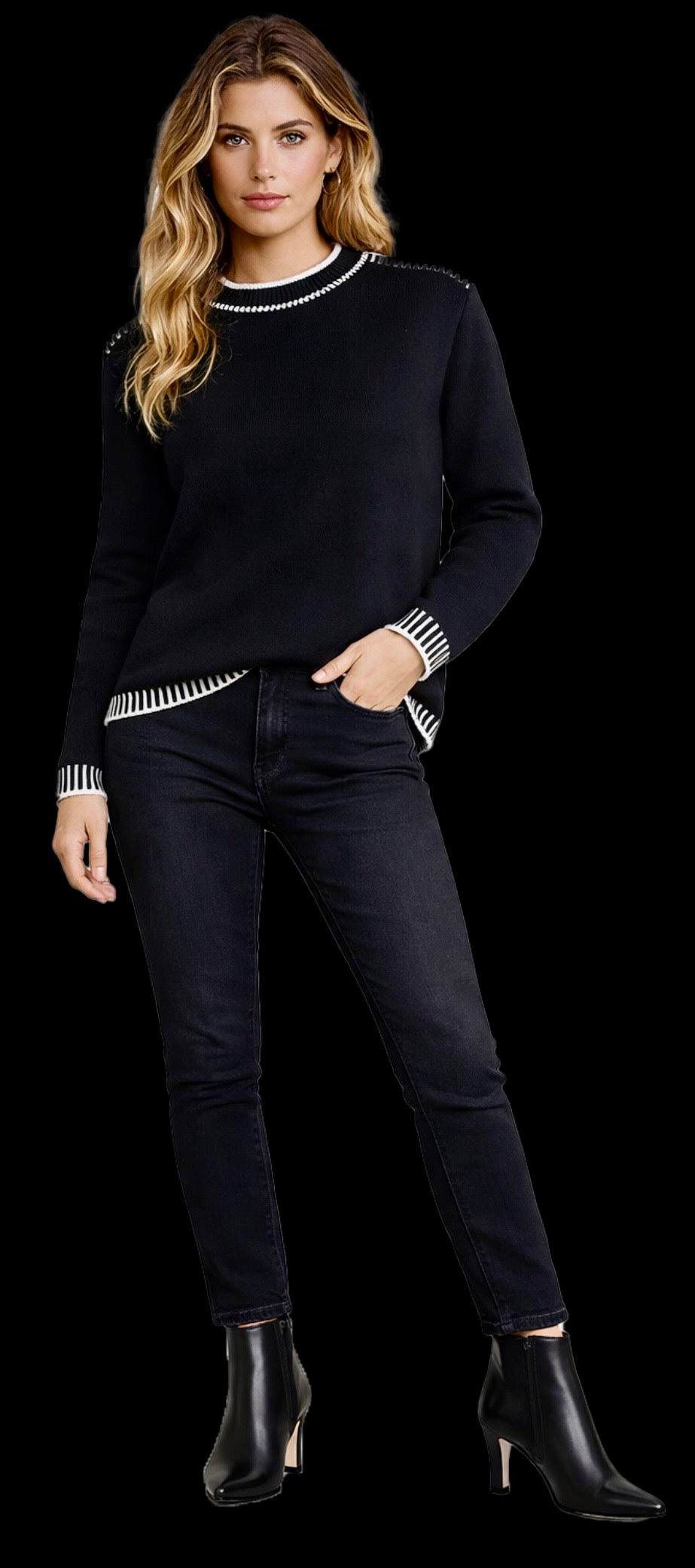 Arriving soon! Black soft knit sweater with white stitching
