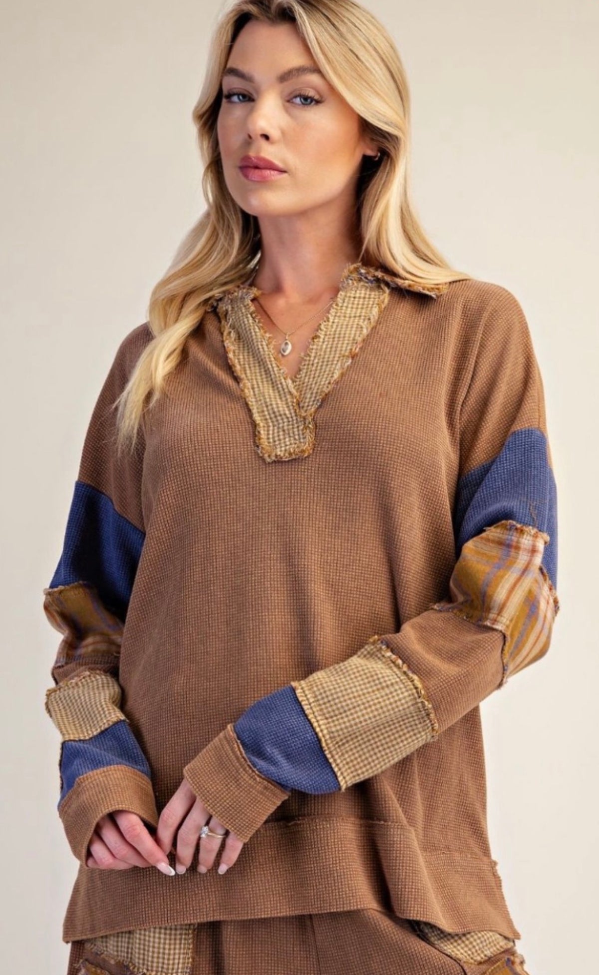 Camel waffle top with plaid inserts