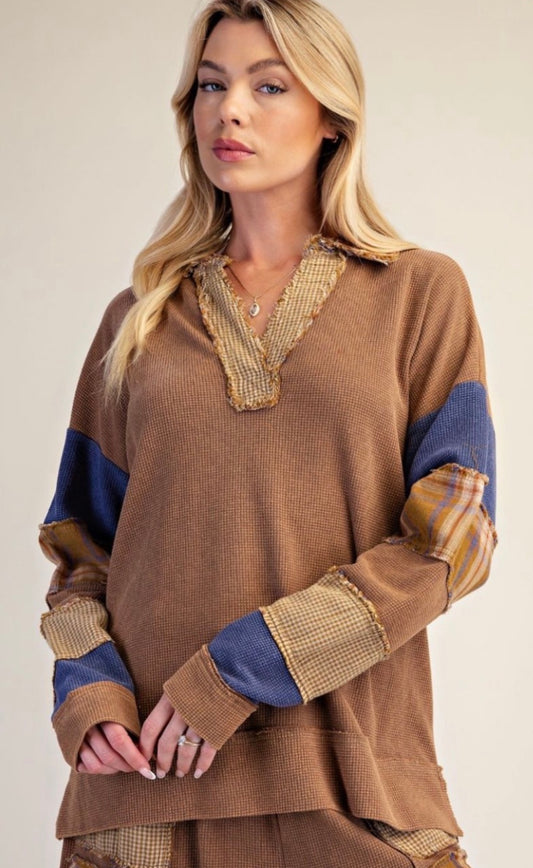Camel waffle top with plaid inserts