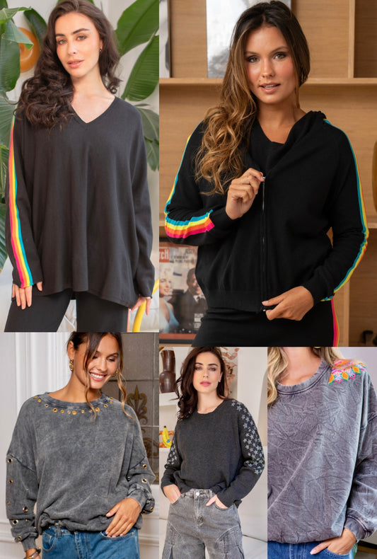 Assorted lightweight sweaters and sweatshirts with embellishments