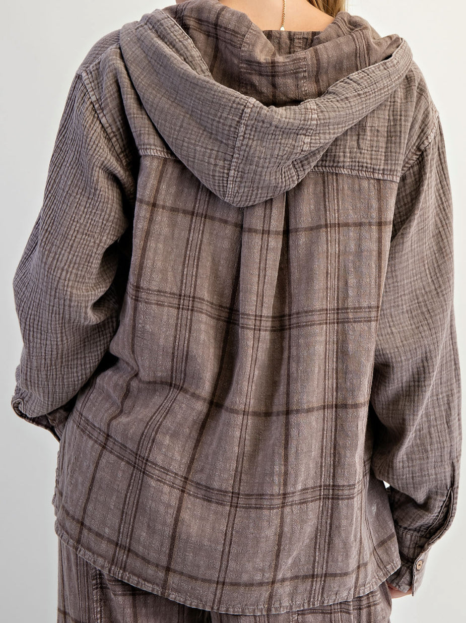 Mocha gauze plaid hooded shacket