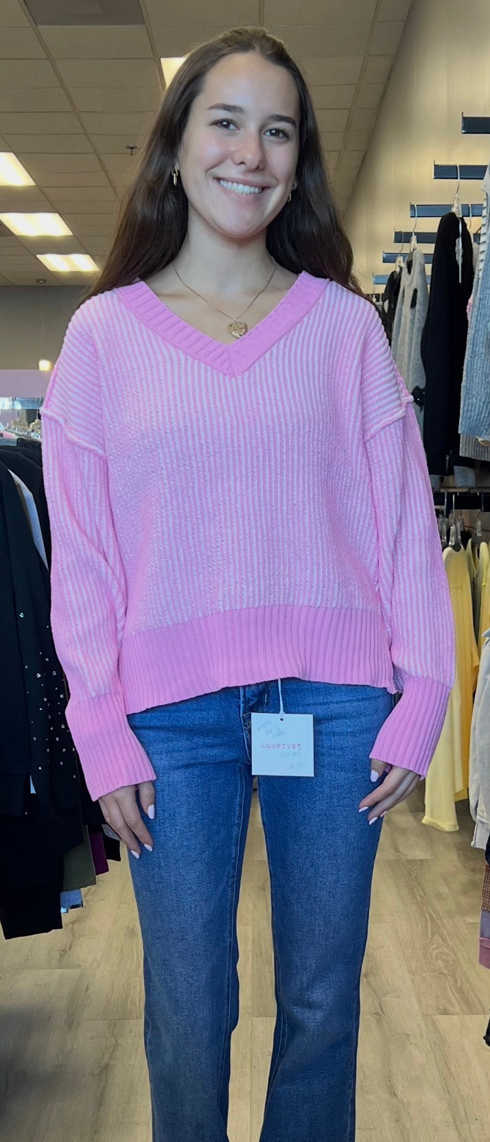 Pink soft rib knit v neck sweater