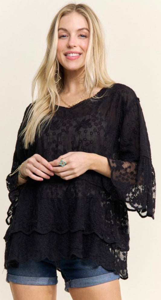 Black lace 3/4 sleeve v neck flounce top