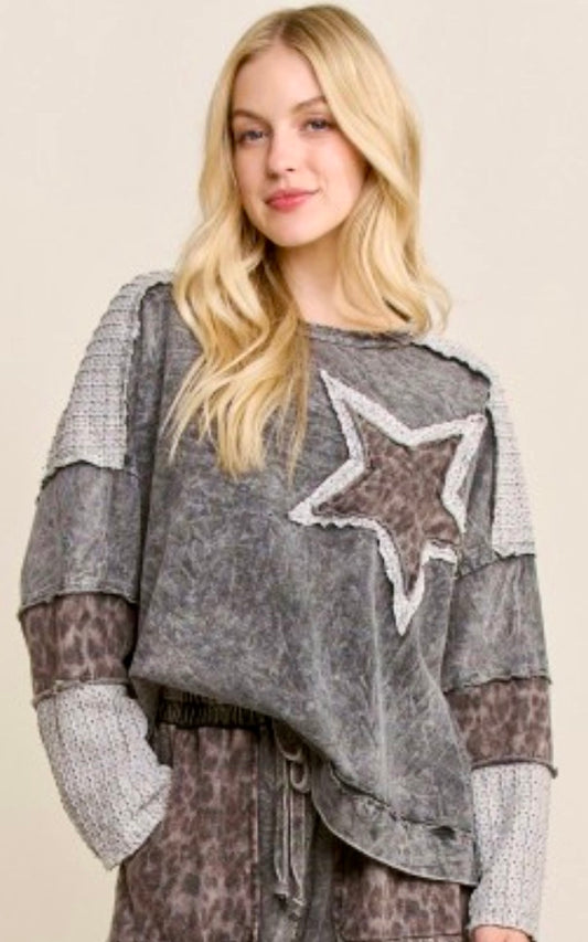 Grey mineral wash loose pants with matching top with leopard star (sold separately)