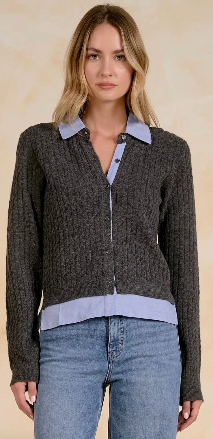 Grey soft knit 2fer sweater cardigan