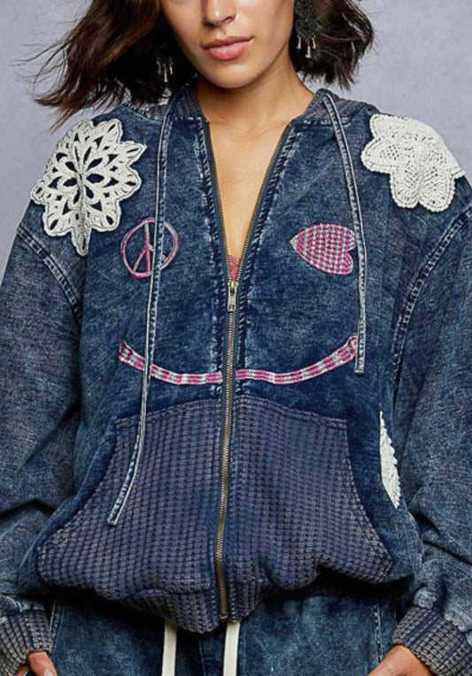 Navy acid wash zip hoodie with happy face and assorted patches