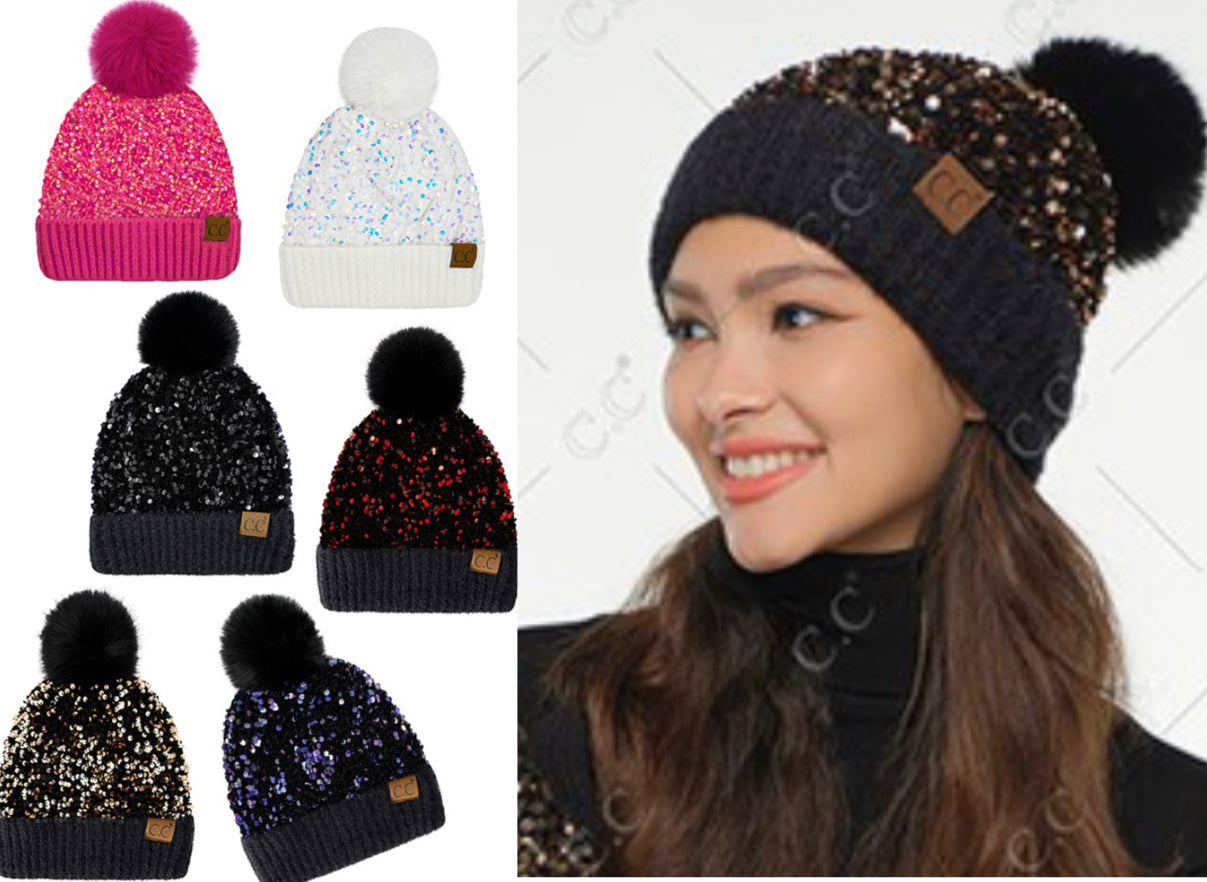 CC soft faux fur lined pom beanie with sequins all over