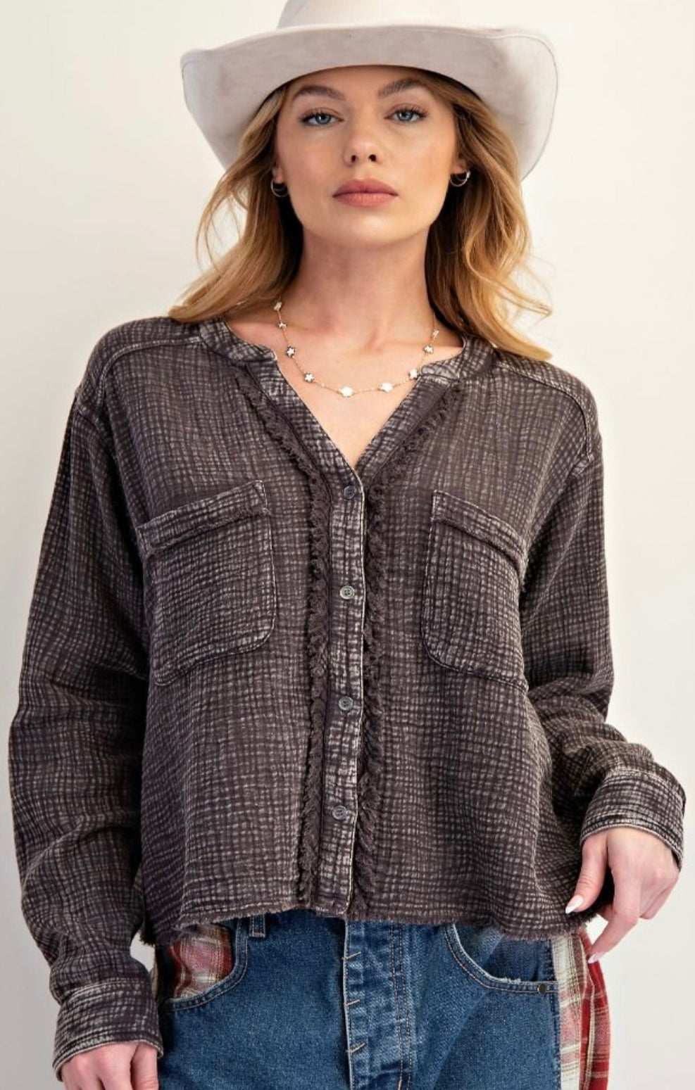 Mineral washed gauze blouse (brownish black)