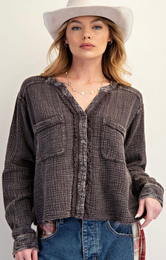 Washed black gauze blouse