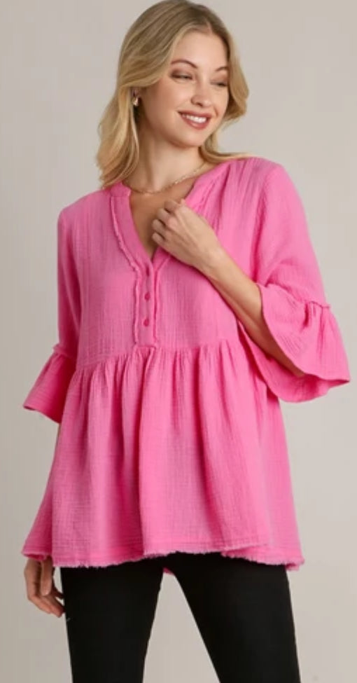 Pink gauze loose fit top with 3/4 flounce sleeves