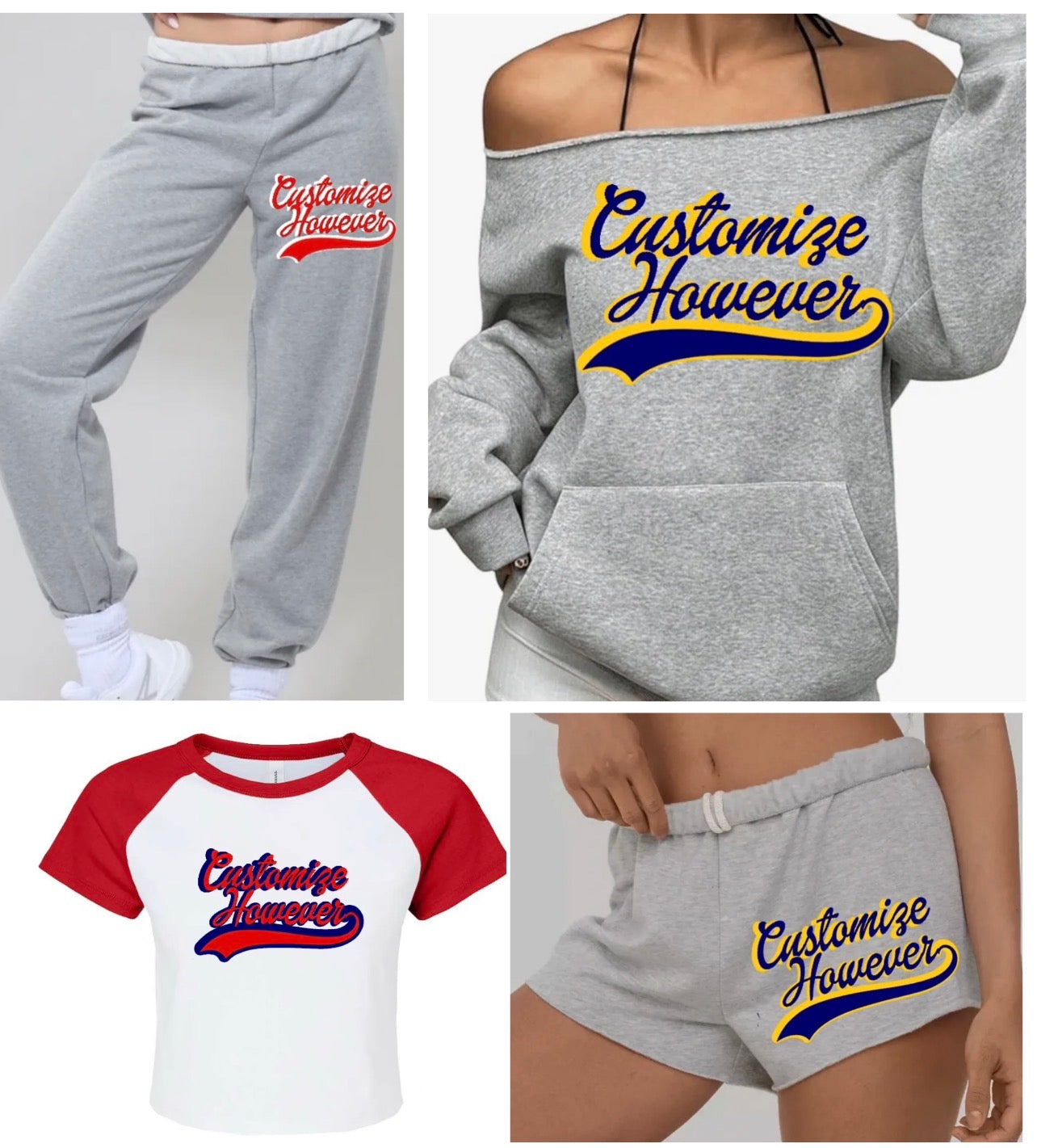 Custom play ball sweats, crop tee and shorts, see pics for examples (order for ANY school)