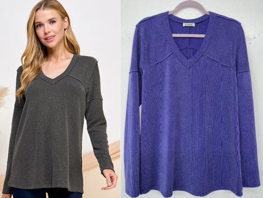 Rib knit loose fit v neck tops (ALSO AVAILABLE IN PLUS SIZES)