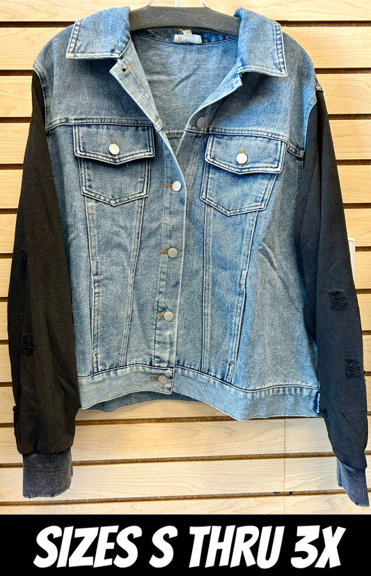 Denim jacket with black soft fleece sleeves with rips (also available in plus size)