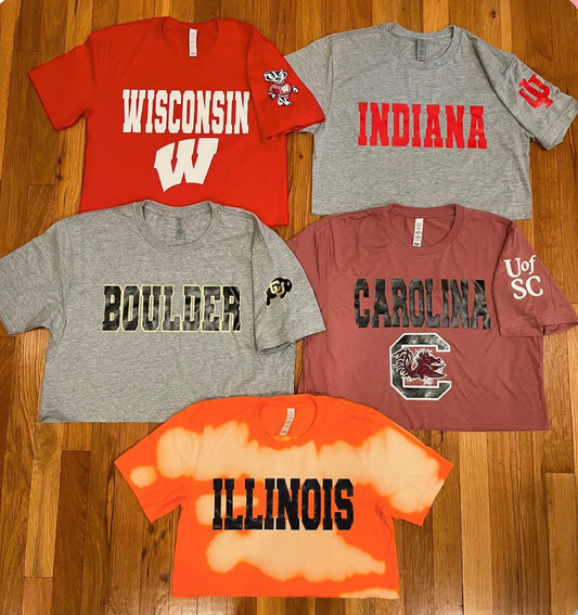 Custom college bleached or non bleached crop tee (various designs, please scroll through pics and can make for any school or camp!)