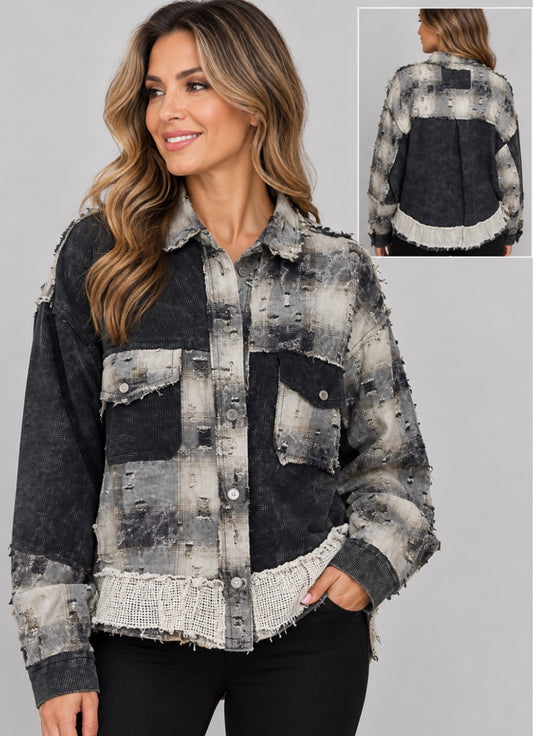 PREORDER NOW, Arriving Friday…Black/white distressed plaid blouse