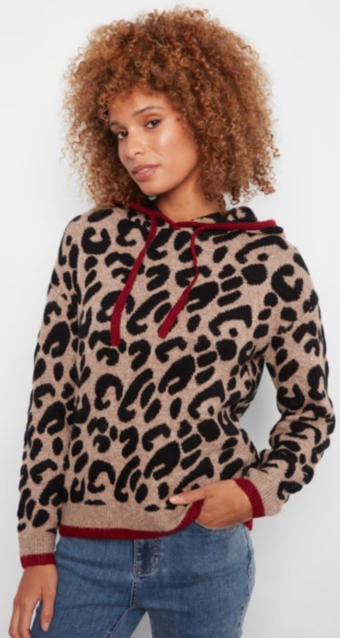 Charlie B leopard soft knit hooded sweater with red trim, XS through XXL