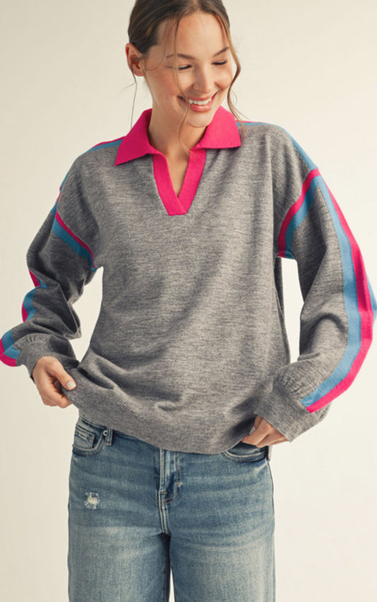 Grey top with hot pink and blue stripes and collar