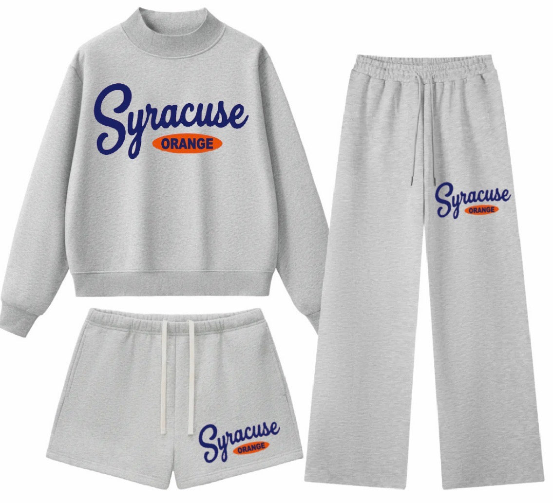 Heavy fleece mock neck with retro print and pants and shorts, see pics for color options (ALL schools are available to order)