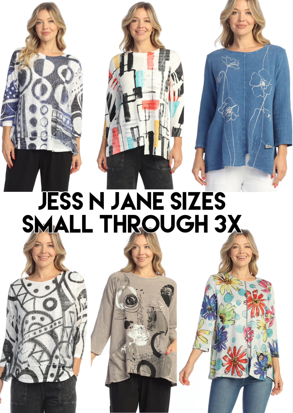 Assorted Jess n Jane tops, sizes Small through 3X