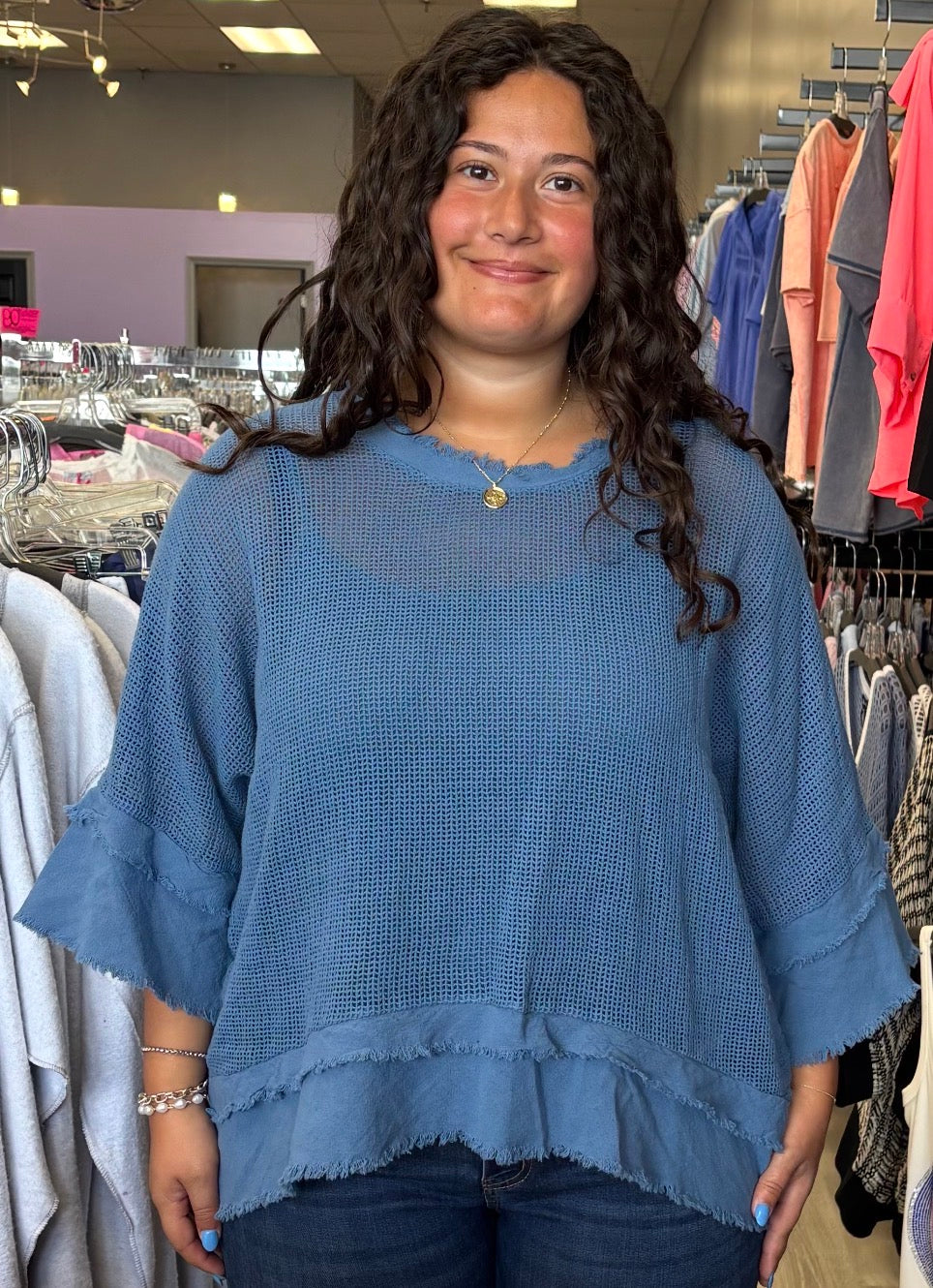 netting relaxed fit top with linen flounce bottom and sleeves & comes with tank top