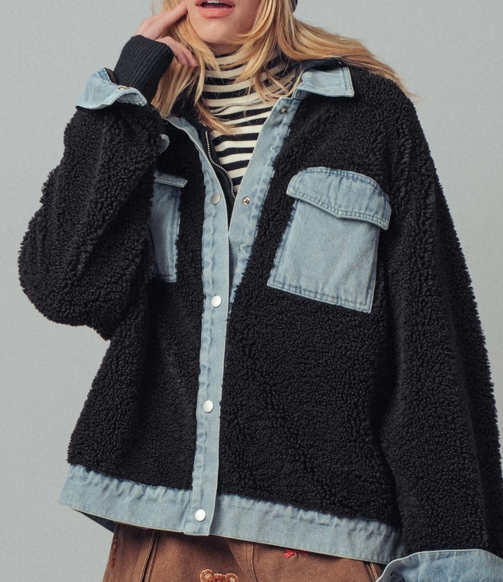 RESTOCKED!!! Last shipment sold out in 2 hours!!!Black snap front soft sherpa jacket with denim trim and pockets