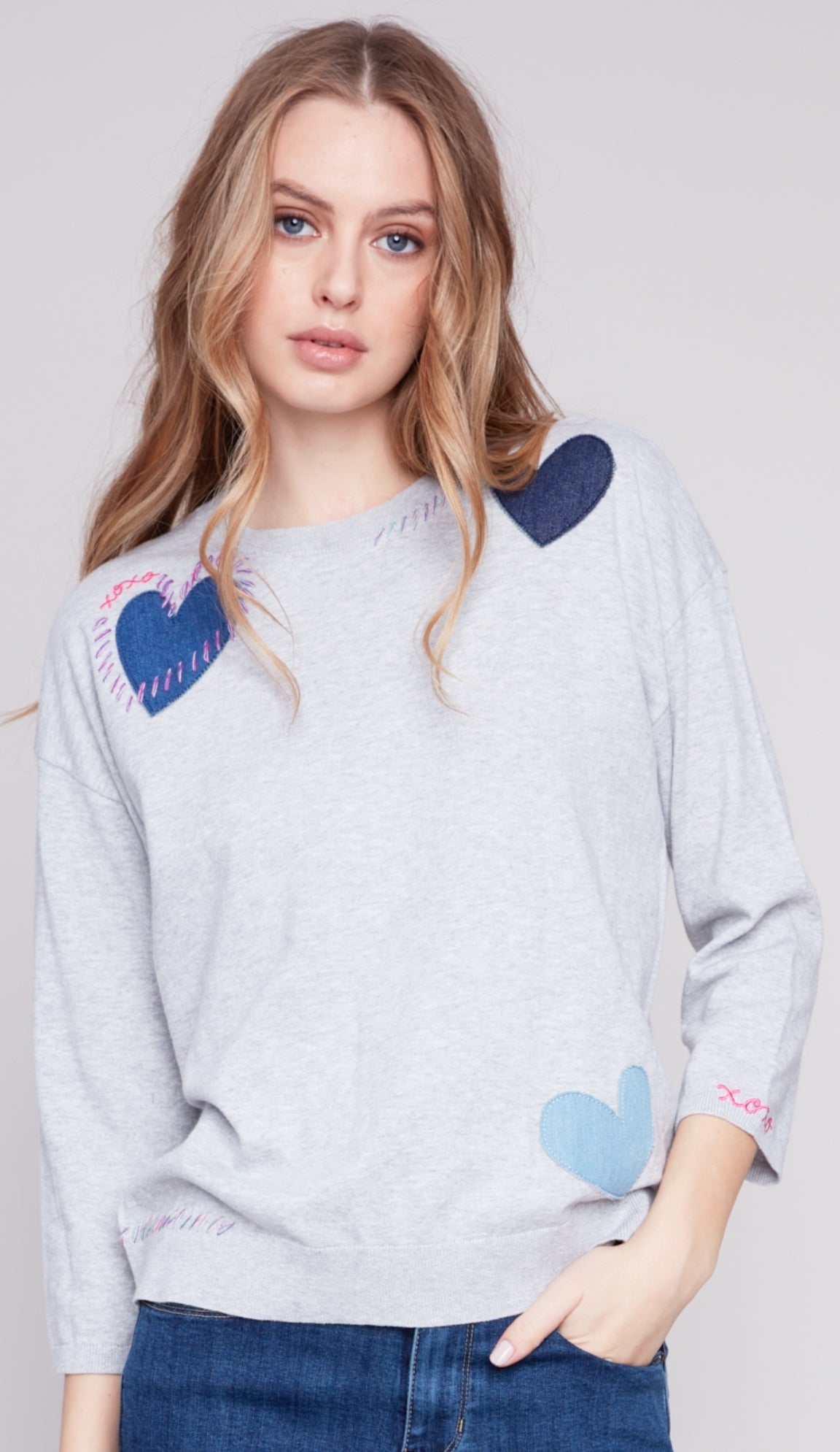 Charlie B grey lightweight cotton sweater with heart patches & stitching detail up to XXL