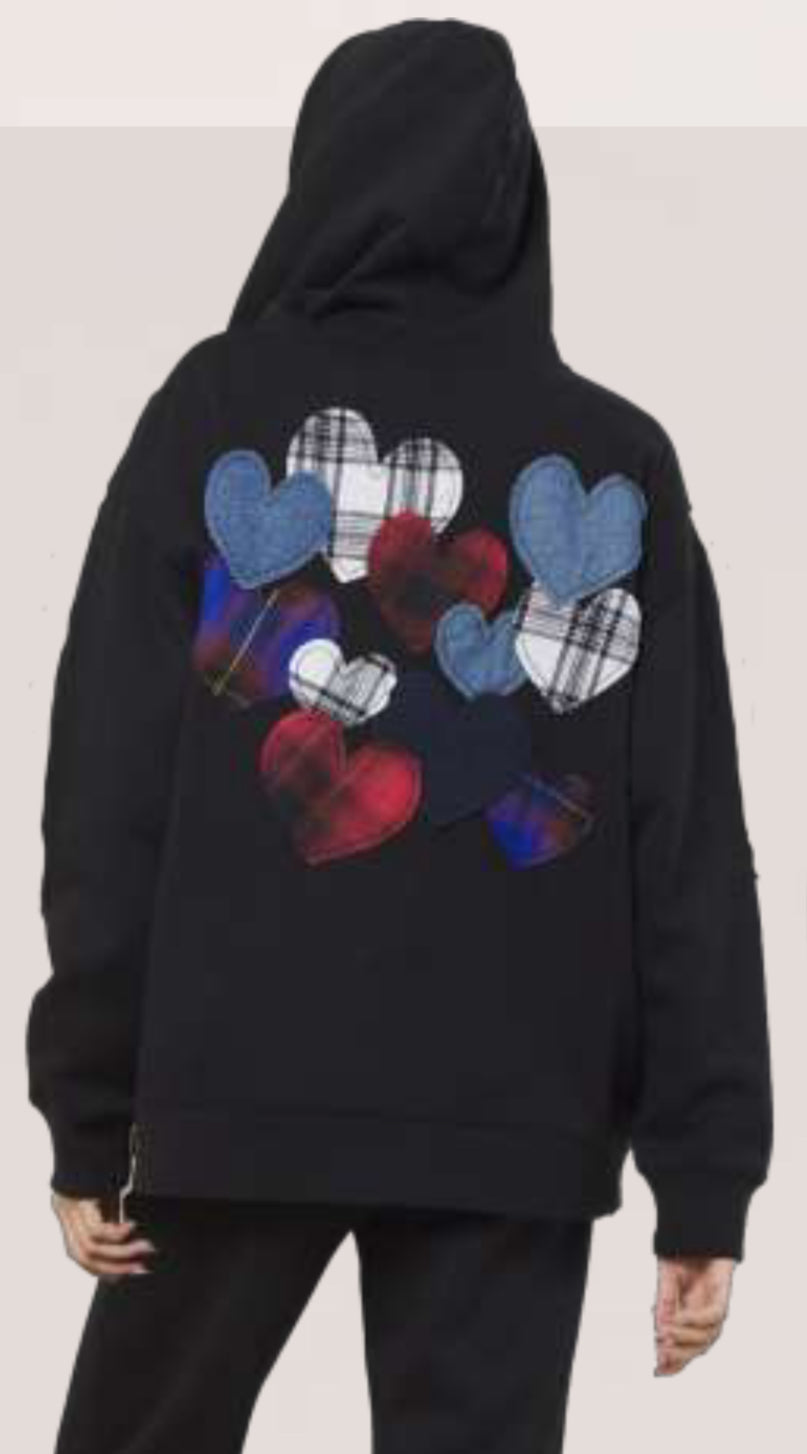 BACK IN STOCK ! Vintage Havana loose fit black fleece zip with patchwork hearts on back