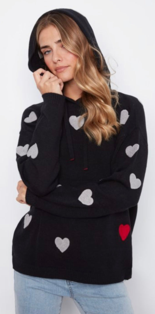 Charlie B black soft sweater knit hoodie with hearts all over, available XS through XXL