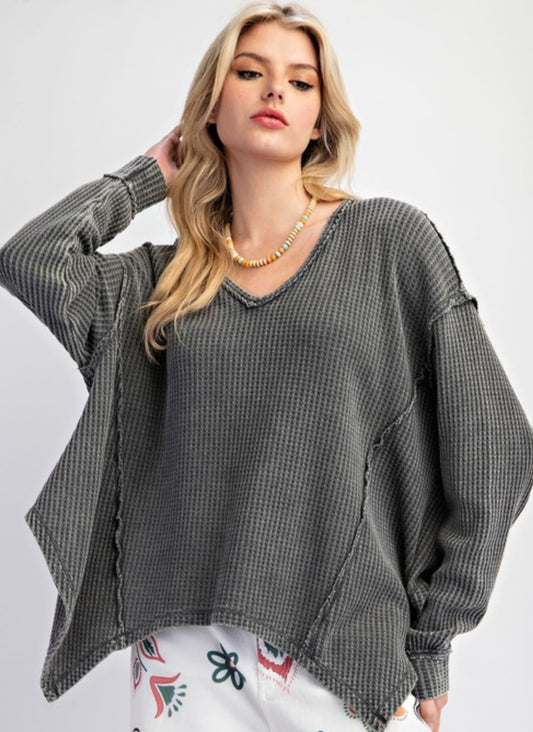 Grey waffle loose fit top with seam detail