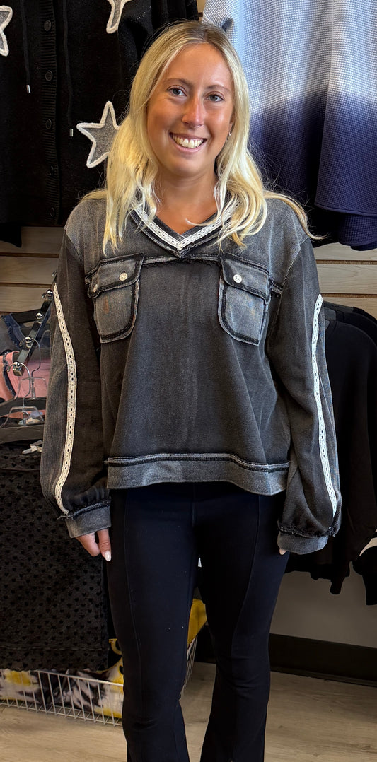 Black spray wash loose fit sweatshirt with pockets and white crochet trim