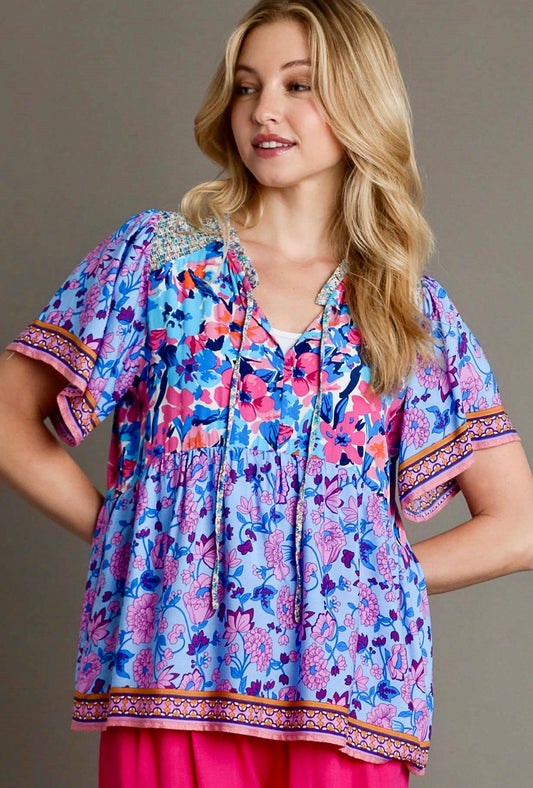 Mixed print smocked shoulders top with tie