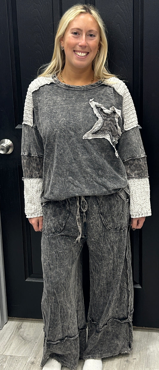 Grey mineral wash loose pants with matching top with leopard star (sold separately)