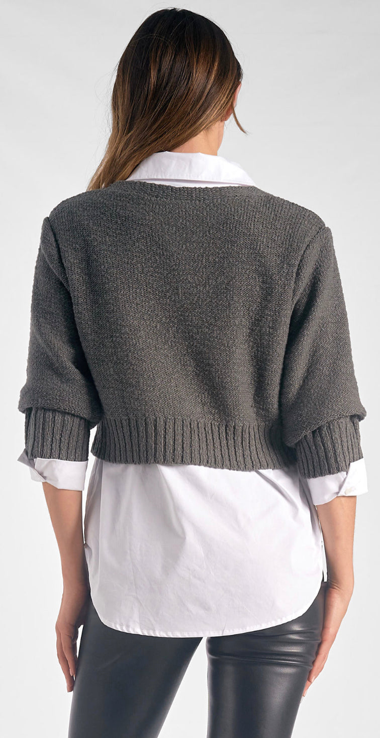 Elan grey/white 2 fer blouse and sweater top