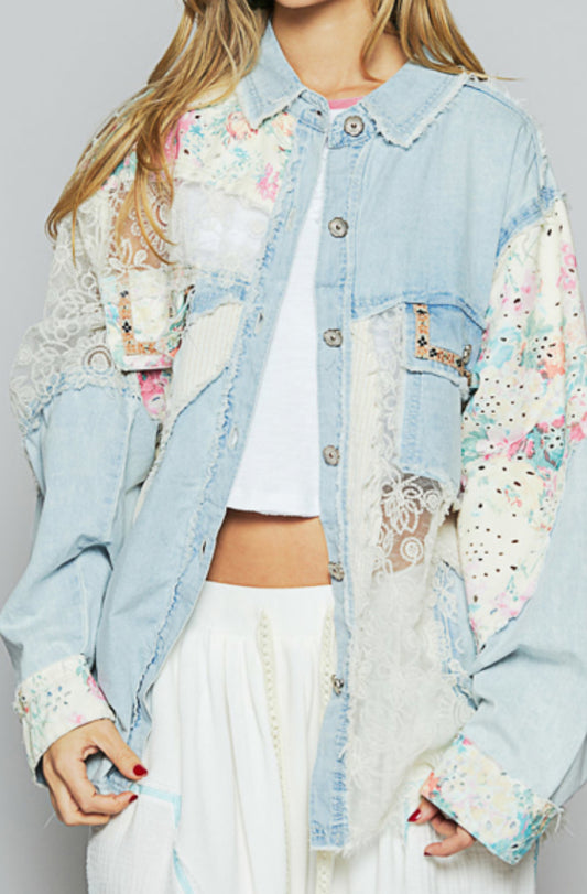 Oversized denim shacket with floral crochet and lace inserts, available up to XXL