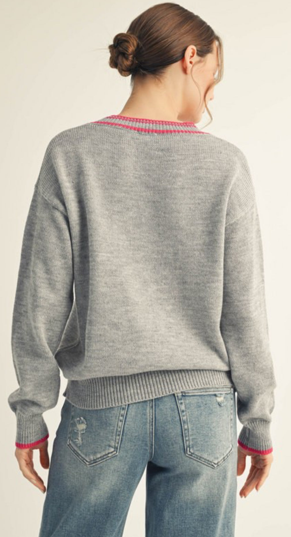 Grey v neck sweater with pink trim