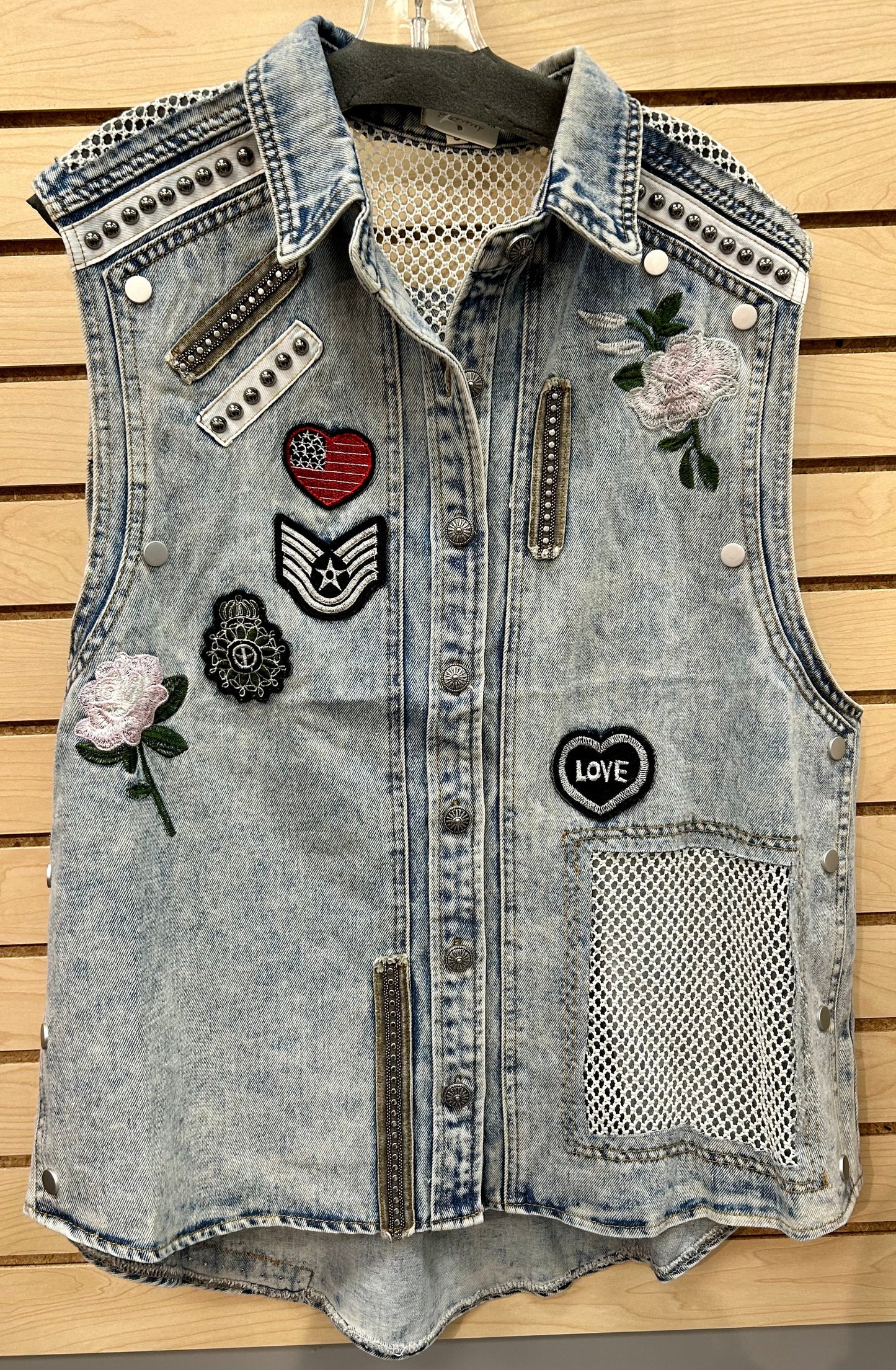 Denim relaxed fit vest with patches and crochet inserts