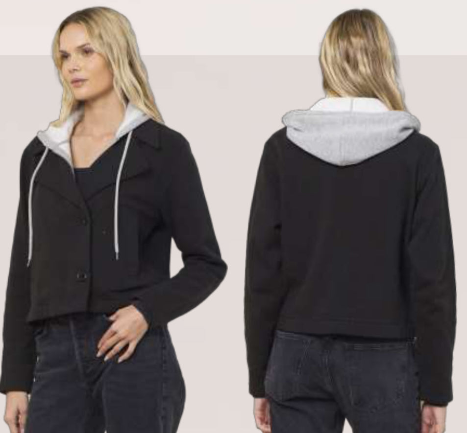 Vintage Havana black blazer with grey fleece hooded zip front insert