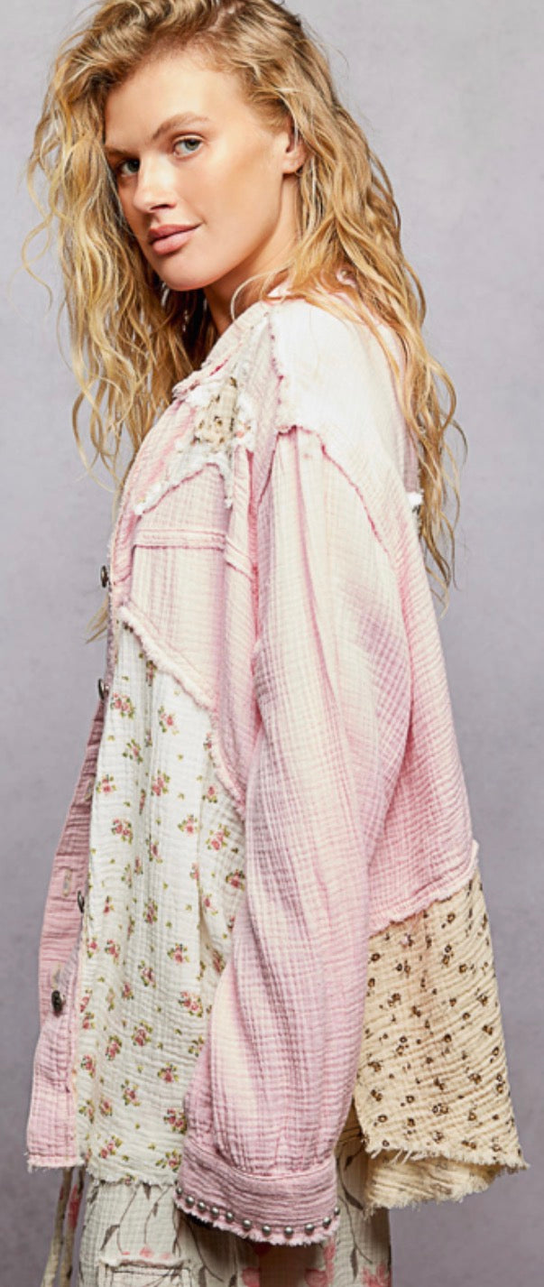 PREORDER NOW, Arriving Thursday…Pink gauze blouse with floral inserts and stud stars