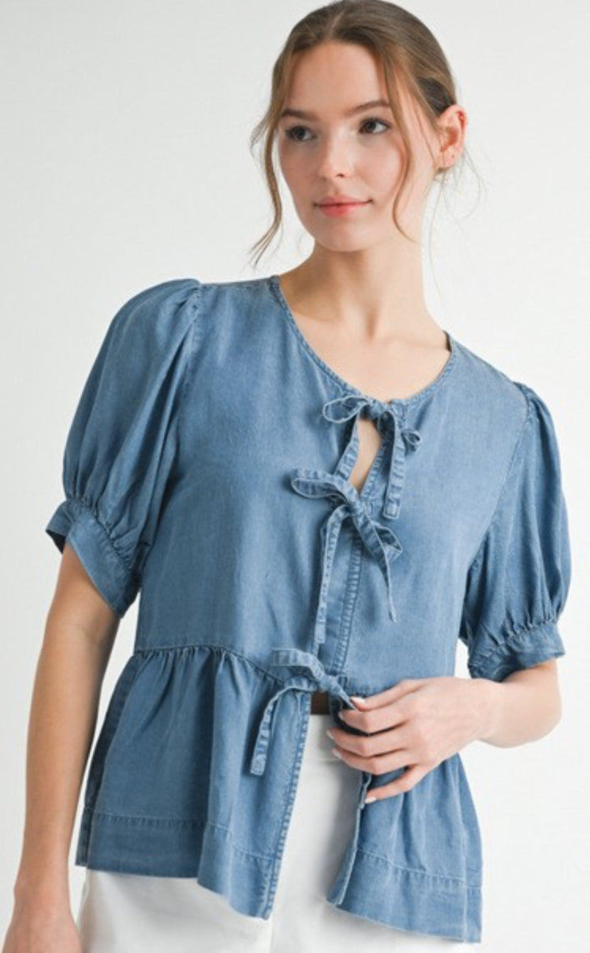 Lightweight denim tencel top with front ties