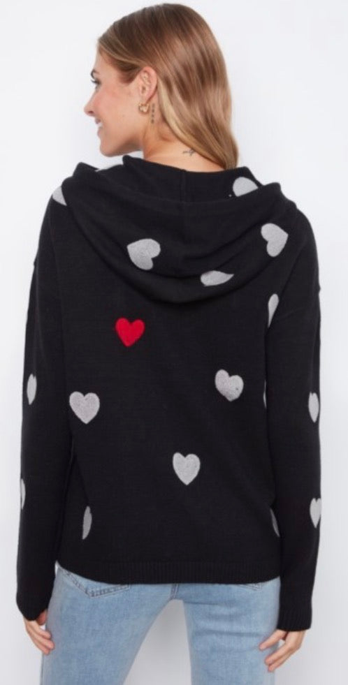 Charlie B black soft sweater knit hoodie with hearts all over, available XS through XXL