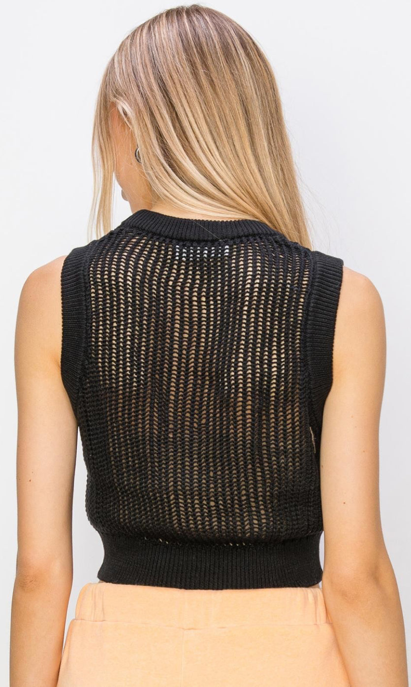 Black net tank and pointelle tie front short sleeve cardigan