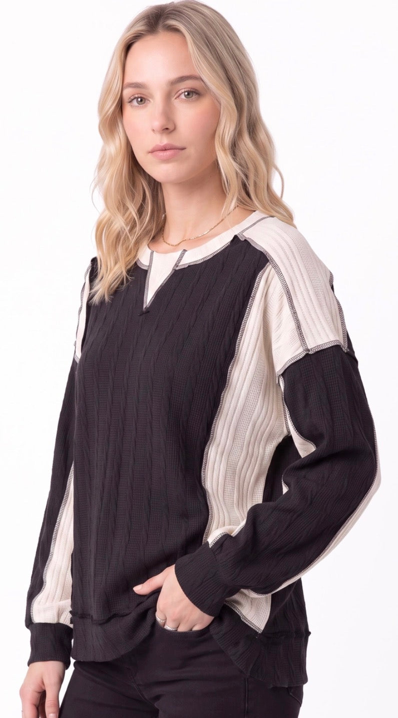 PREORDER NOW, Arriving Friday…Black and white rib knit colorblock top
