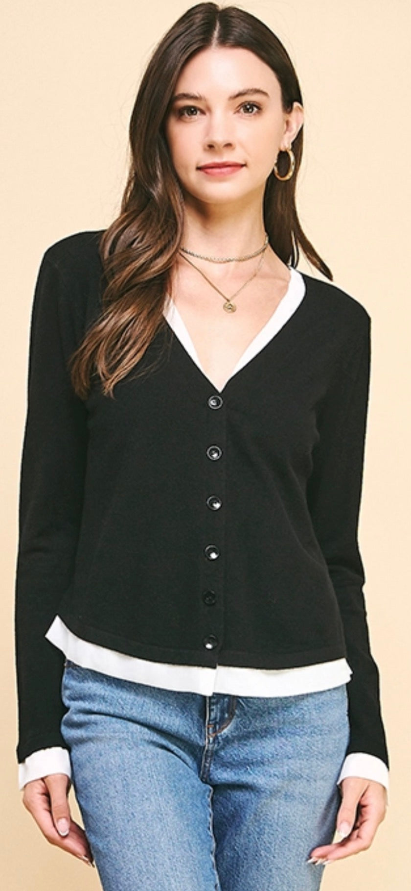 Black 2fer cardigan with attached white trim