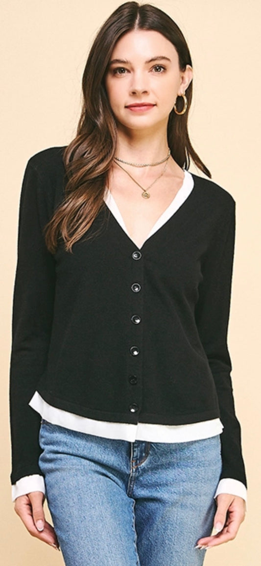 Black 2fer cardigan with attached white trim