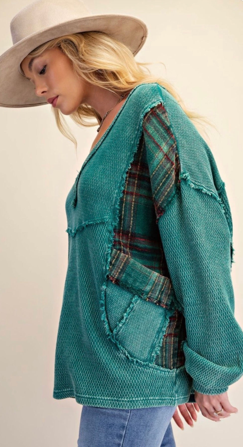 Green thermal loose oversized v neck top with plaid inserts