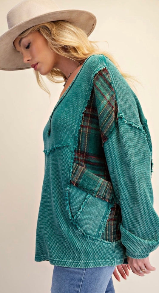 Green thermal loose oversized v neck top with plaid inserts