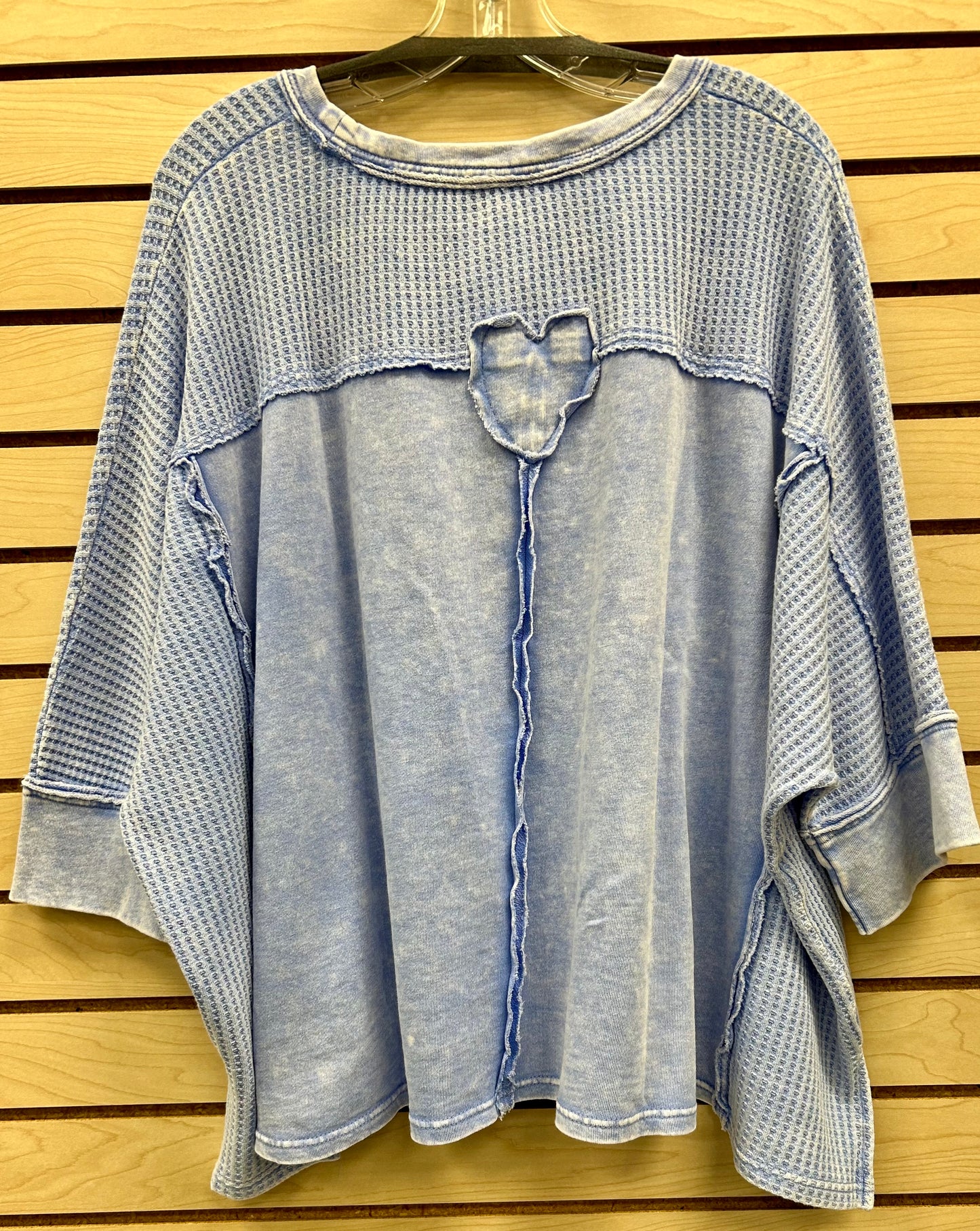 Blue loose fit soft ribbed top with tonal heart patch on back